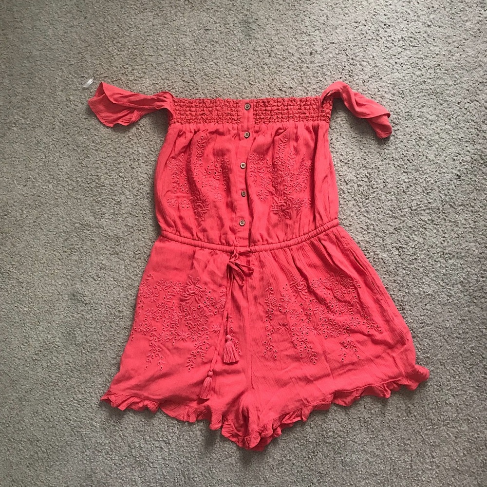 Coral/Red off-the-shoulder flowy romper